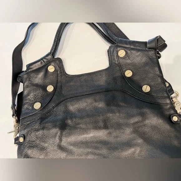 Foley + Corinna Black Leather Shoulder Bag with Silver Accents - Picture 1 of 13